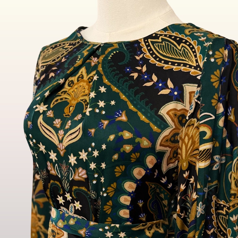NWT Farm Rio Jaipur Black Maxi Dress Medium Green Paisley Open Back Long Sleeve - Picture 12 of 13